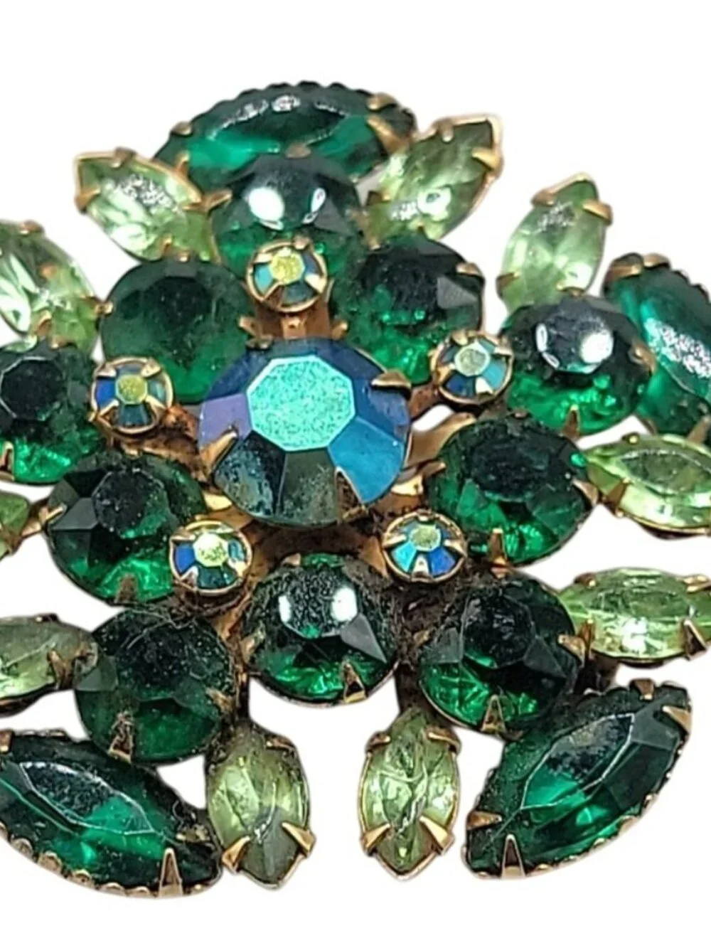 Juliana D&E Green Starburst Brooch Emerald & Peridot Navette Rhinestones Vintage